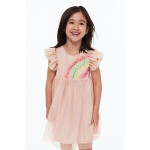 H&M Appliquéd Tulle Dress In Powder pink/rainbow
